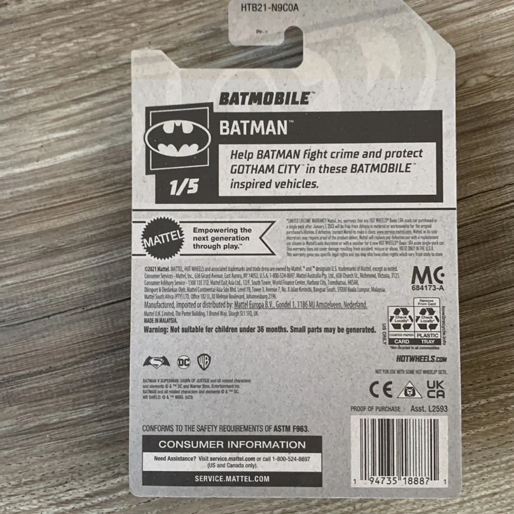 Hot Wheels Car Batman v Superman Black Batmobile Car 1/5 DC Comics Hotwheels